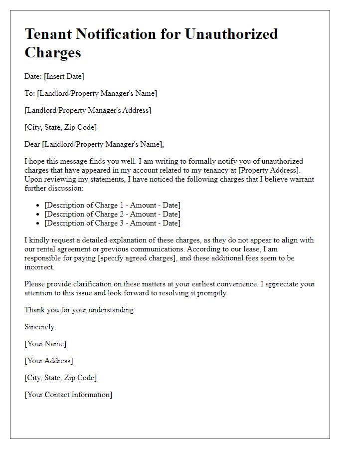 Letter template of tenant notification for unauthorized charges.