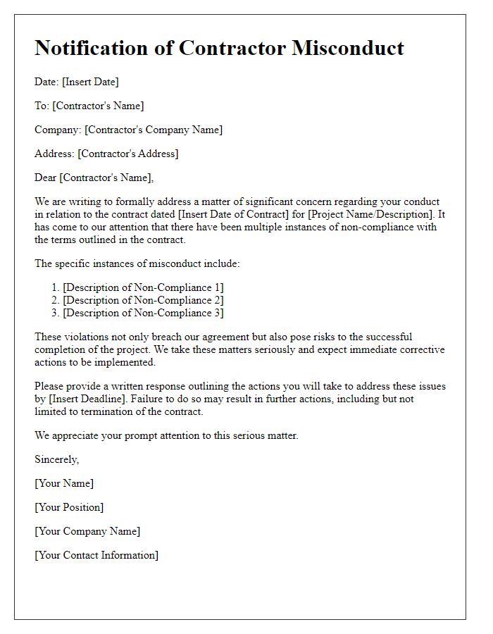 Letter template of contractor misconduct due to non-compliance