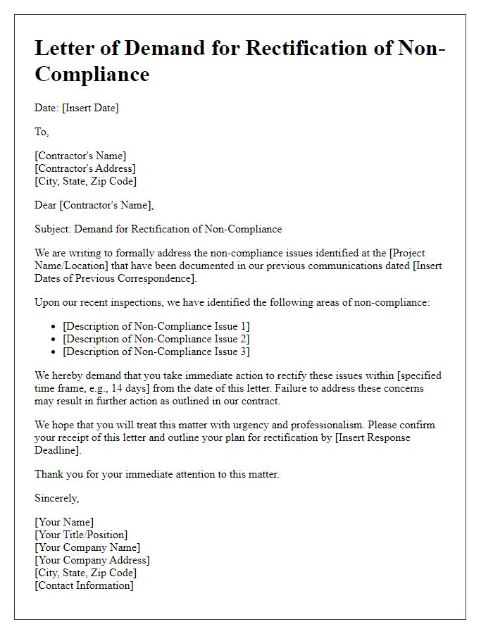 Letter template of contractor non-compliance rectification demand