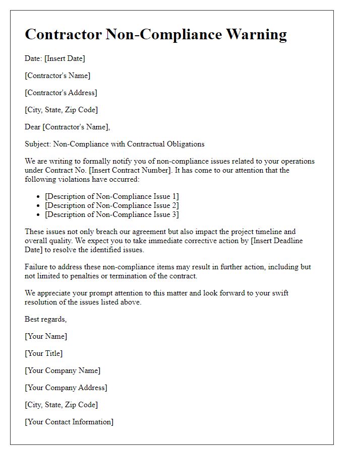 Letter template of contractor non-compliance warning