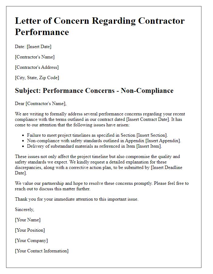 Letter template of contractor performance concerns regarding non-compliance