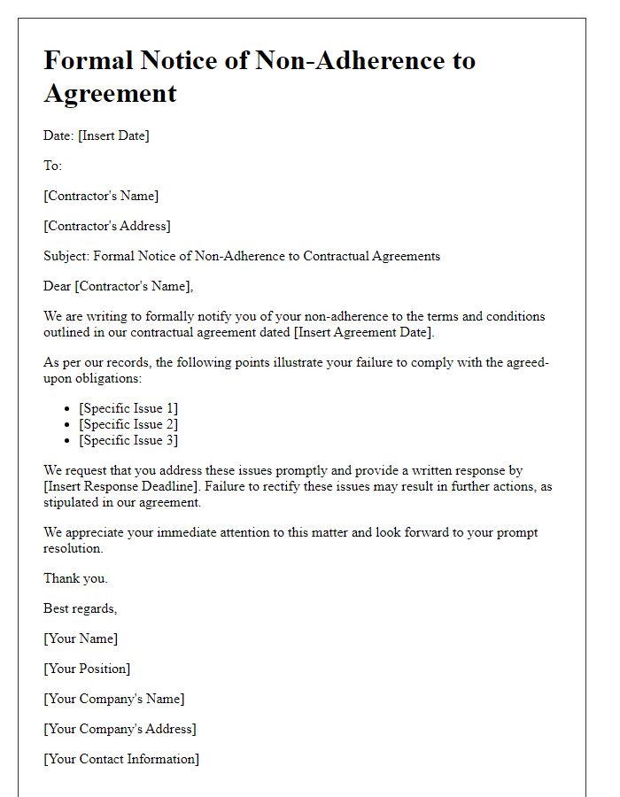 Letter template of formal notice for contractor non-adherence to agreements