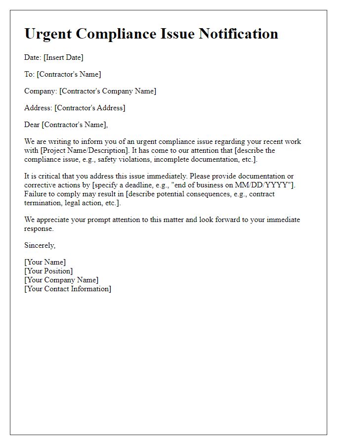 Letter template of urgent contractor compliance issue