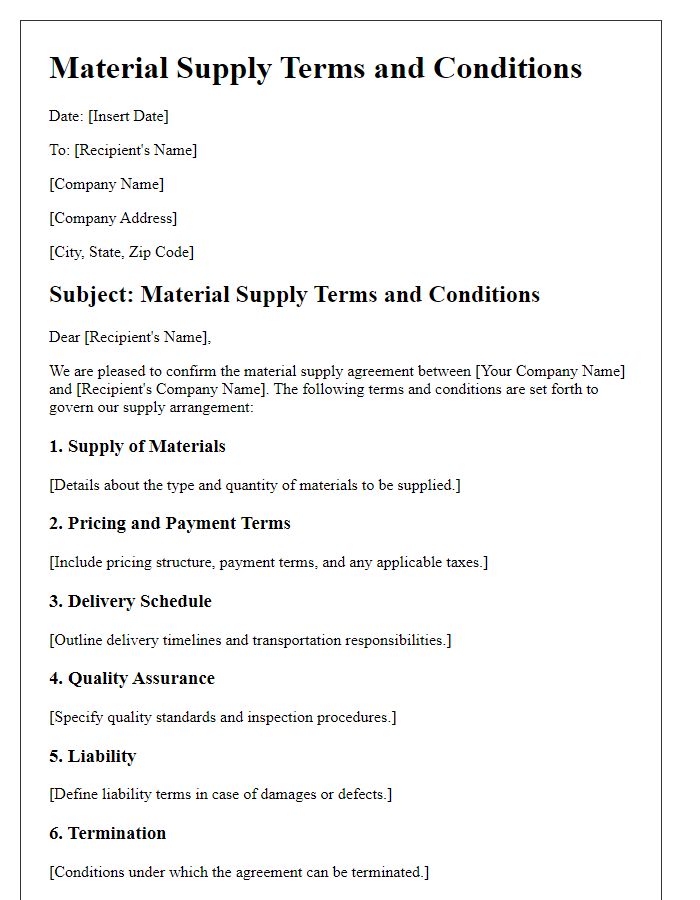 Letter template of Material Supply Terms and Conditions