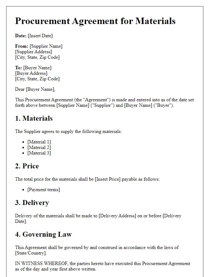 Letter template of Procurement Agreement for Materials