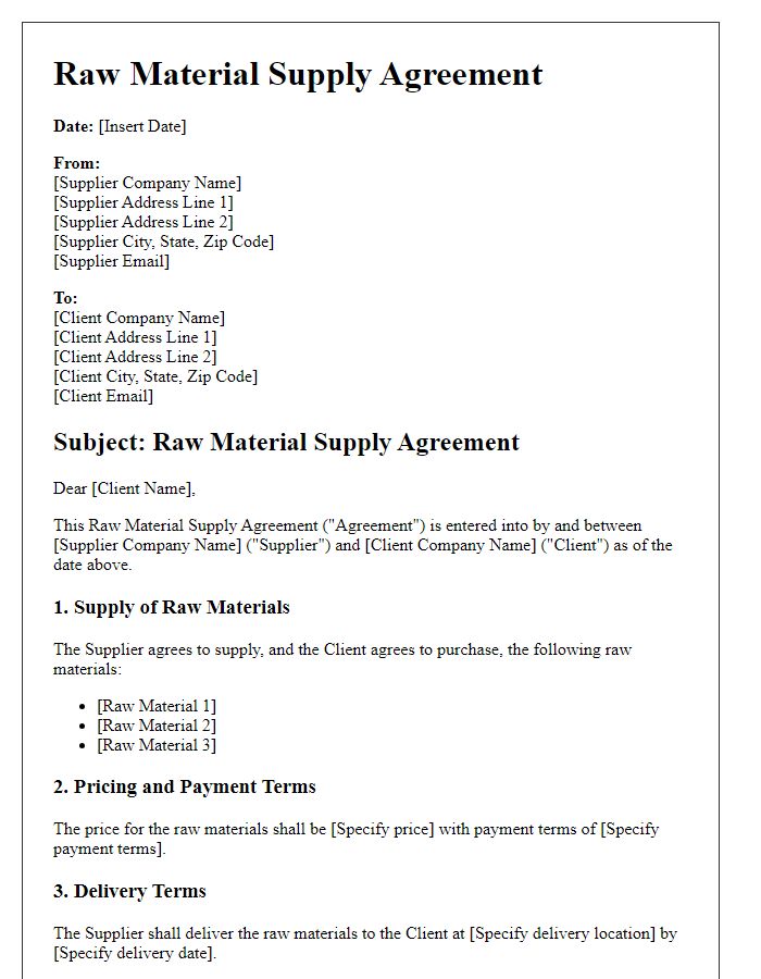 Letter template of Raw Material Supply Agreement