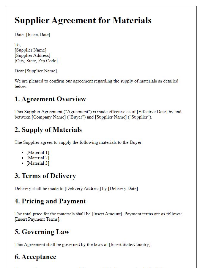 Letter template of Supplier Agreement for Materials