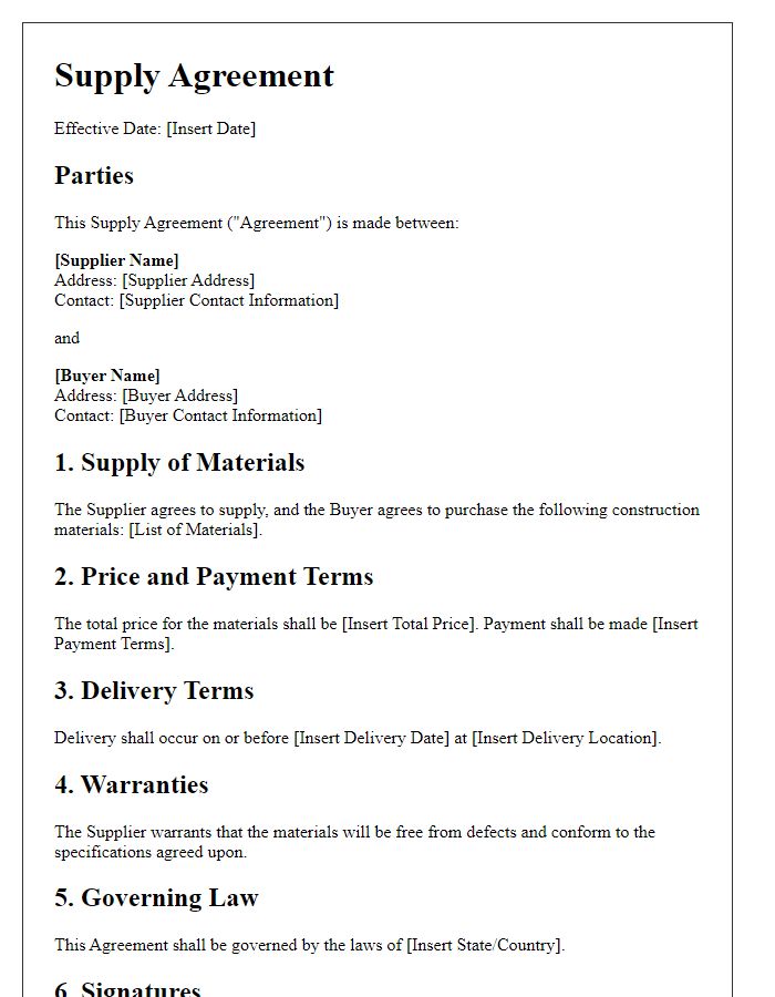 Letter template of Supply Agreement for Construction Materials