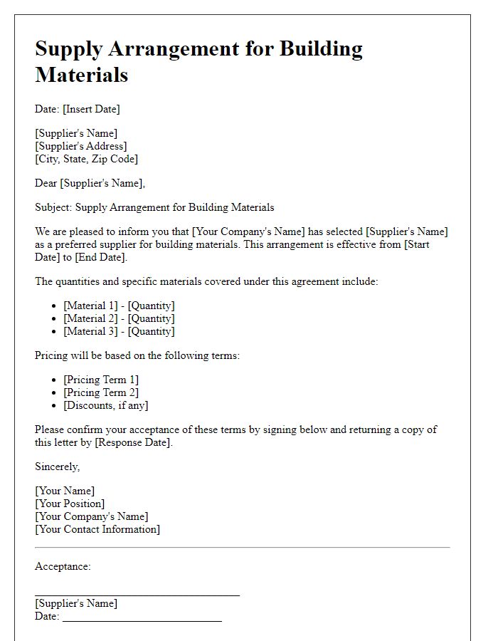 Letter template of Supply Arrangement for Building Materials