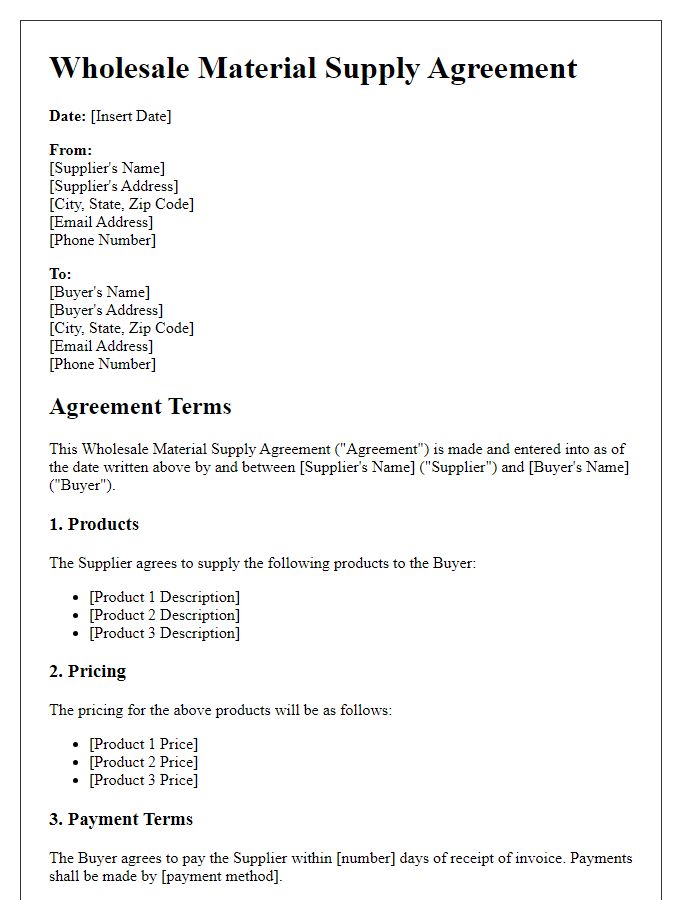 Letter template of Wholesale Material Supply Agreement