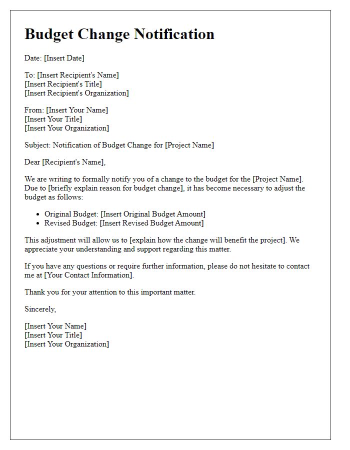 Letter template of budget change notification for project