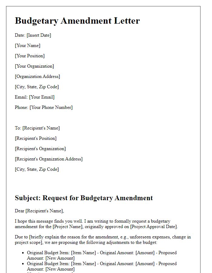 Letter template of budgetary amendment for project outline