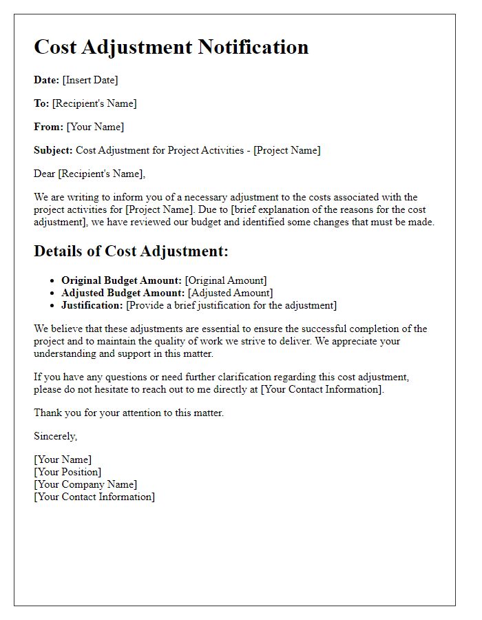 Letter template of cost adjustment for project activities