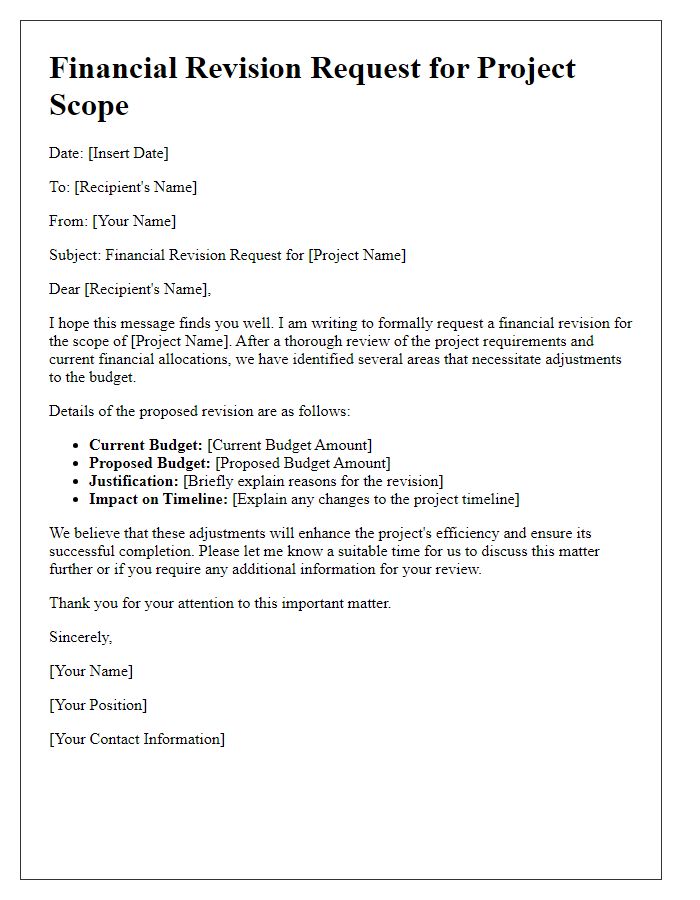 Letter template of financial revision for project scope