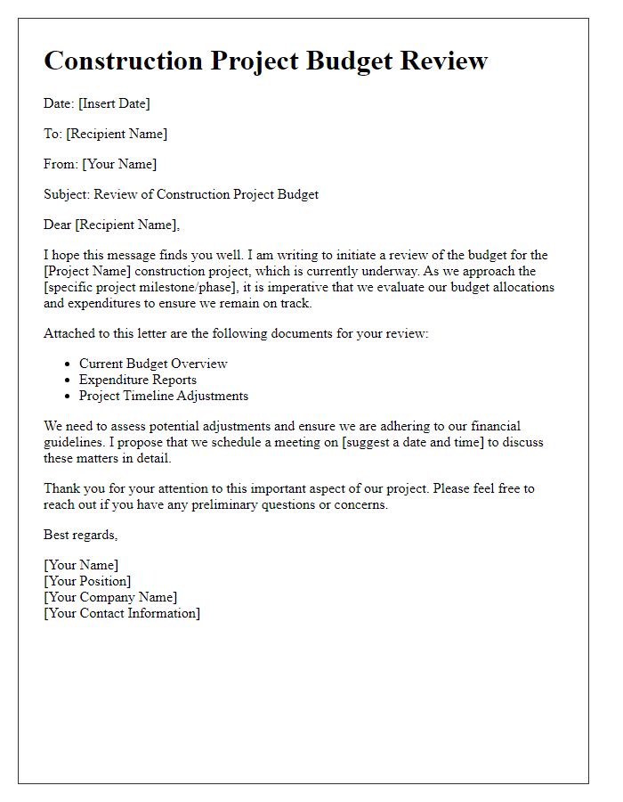 Letter template of construction project budget review.