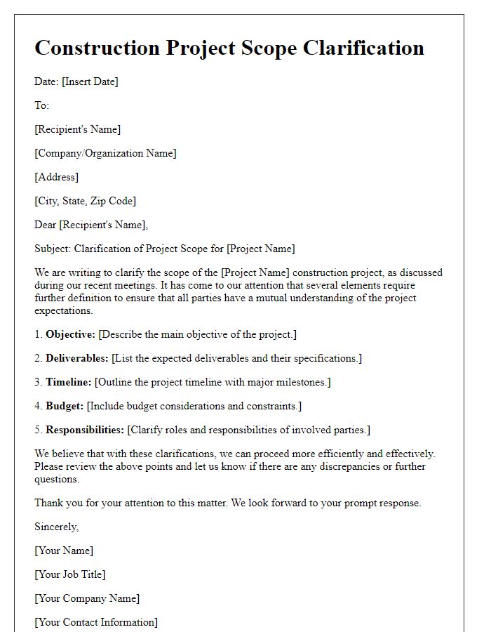 Letter template of construction project scope clarification.