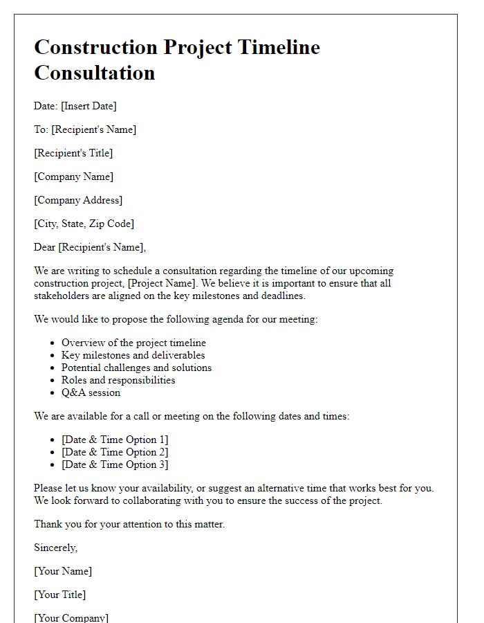 Letter template of construction project timeline consultation.