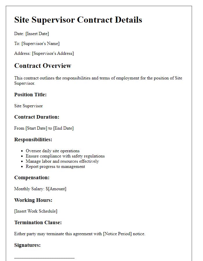 Letter template of site supervisor contract details