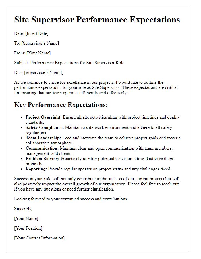 Letter template of site supervisor performance expectations