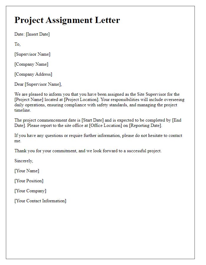 Letter template of site supervisor project assignment