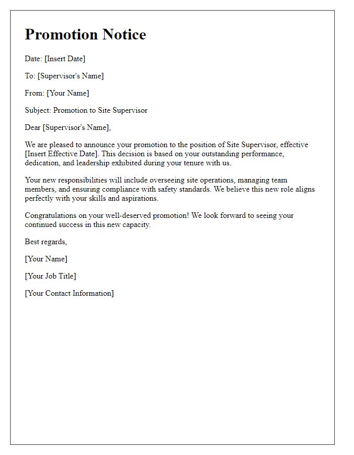 Letter template of site supervisor promotion notice