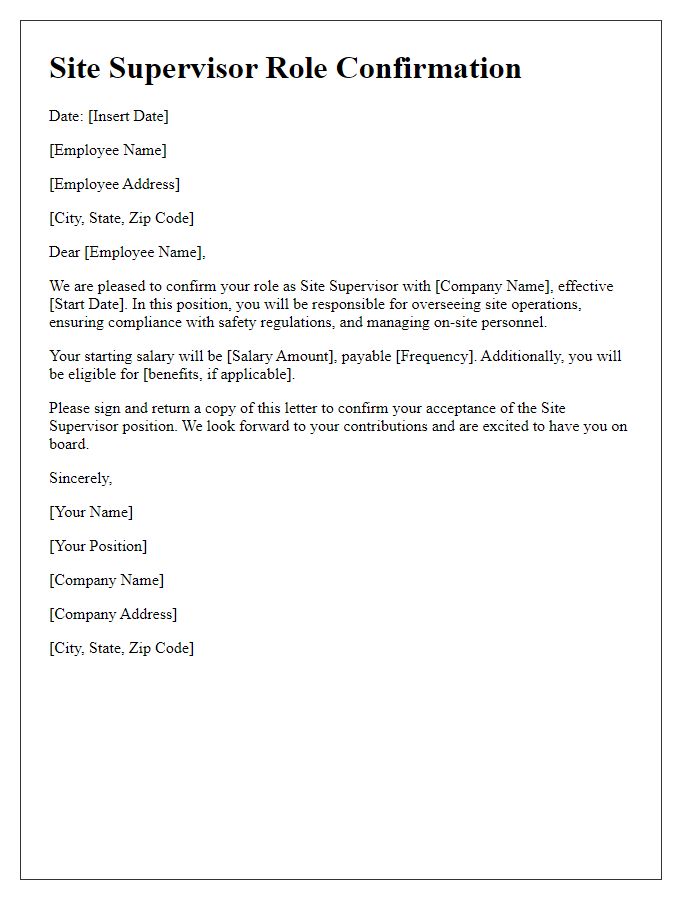 Letter template of site supervisor role confirmation