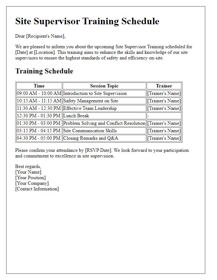 Letter template of site supervisor training schedule