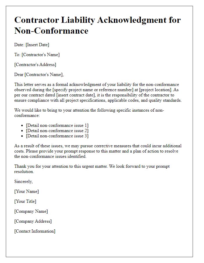 Letter template of contractor liability acknowledgment for non-conformance.