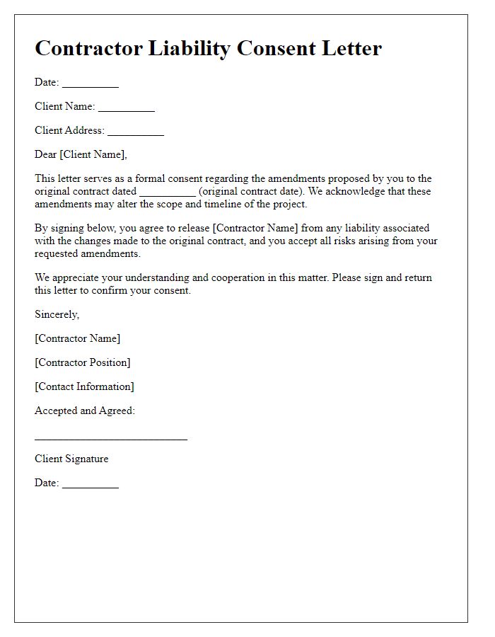 Letter template of contractor liability consent for client amendments.