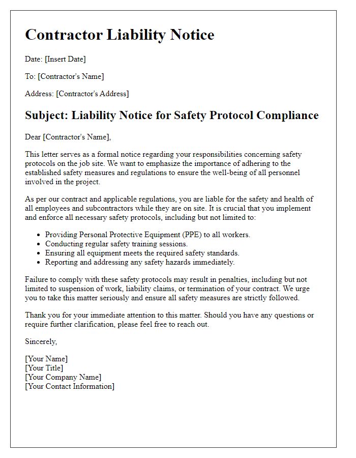 Letter template of contractor liability notice for safety protocols.