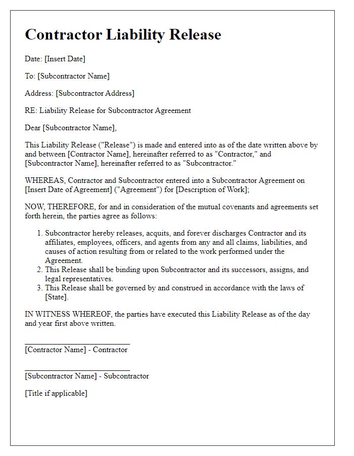 Letter template of contractor liability release for subcontractor agreements.