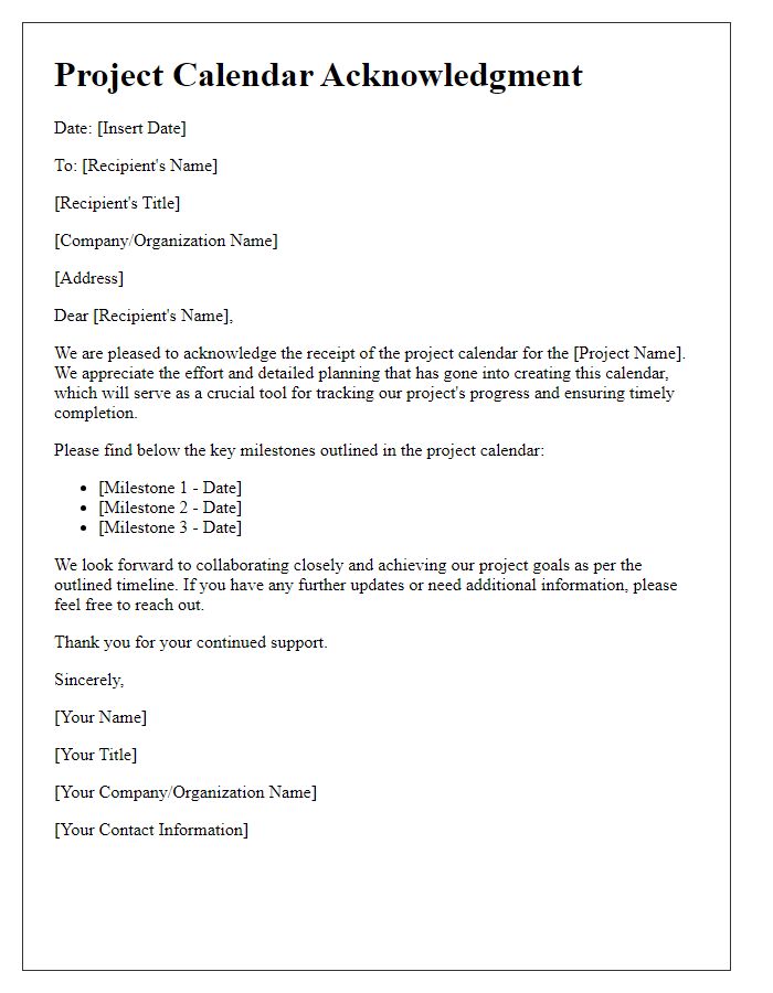 Letter template of project calendar acknowledgment