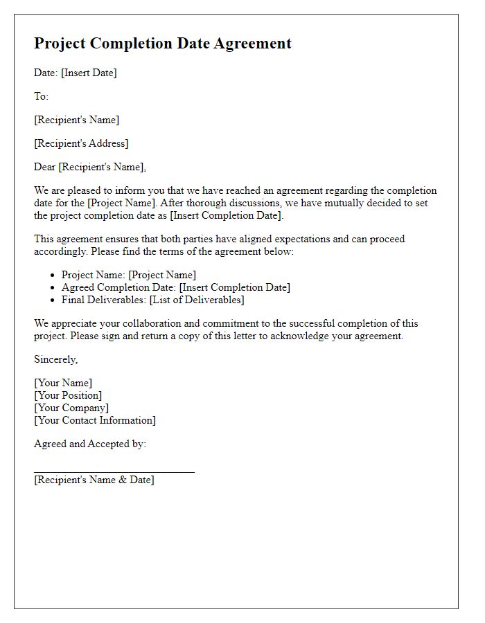 Letter template of project completion date agreement