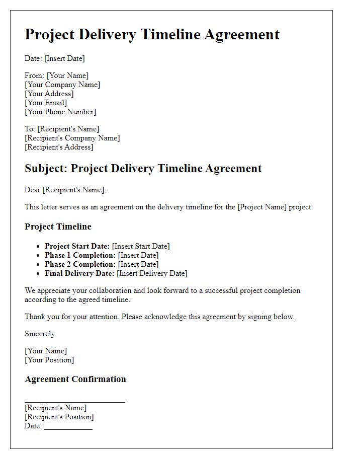 Letter template of project delivery timeline agreement