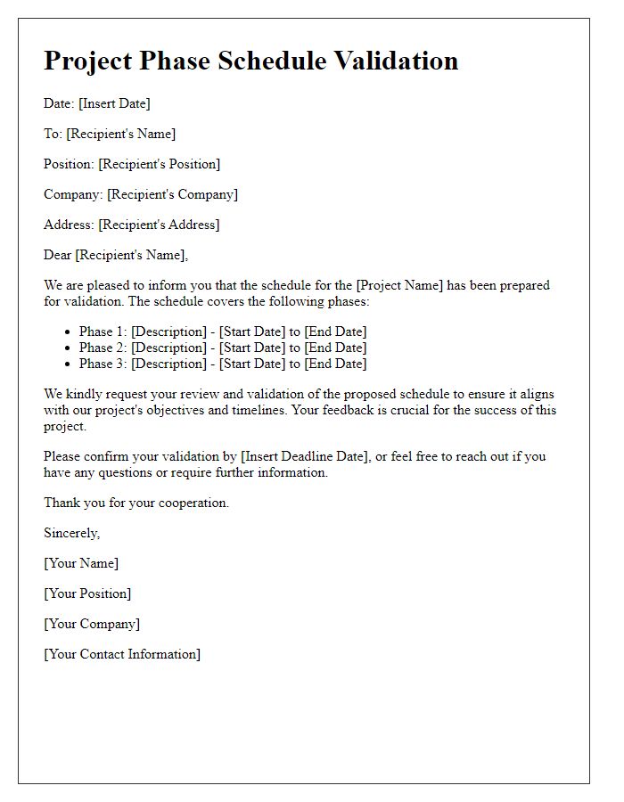 Letter template of project phase schedule validation