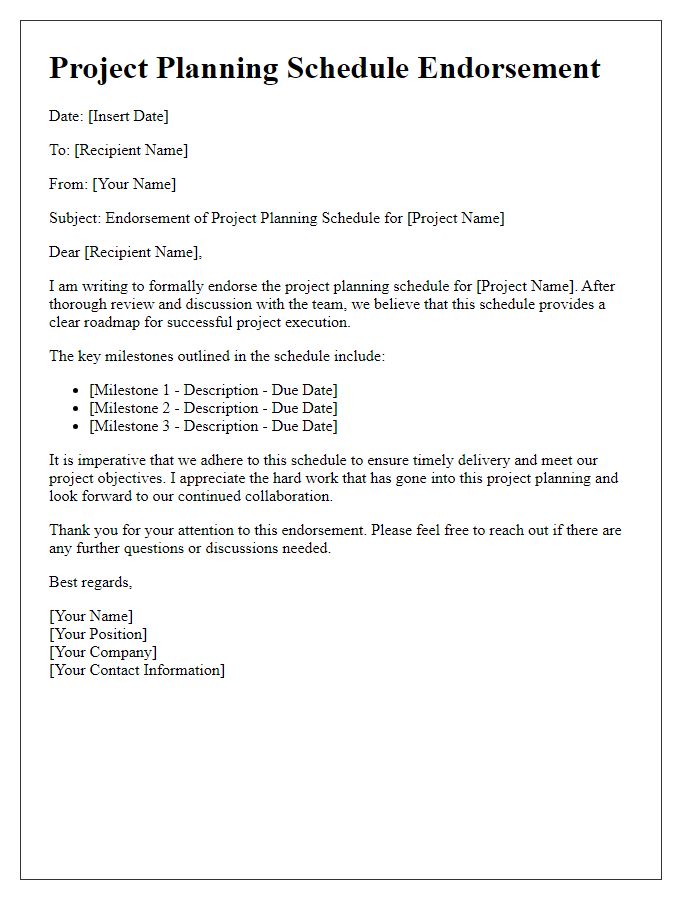 Letter template of project planning schedule endorsement