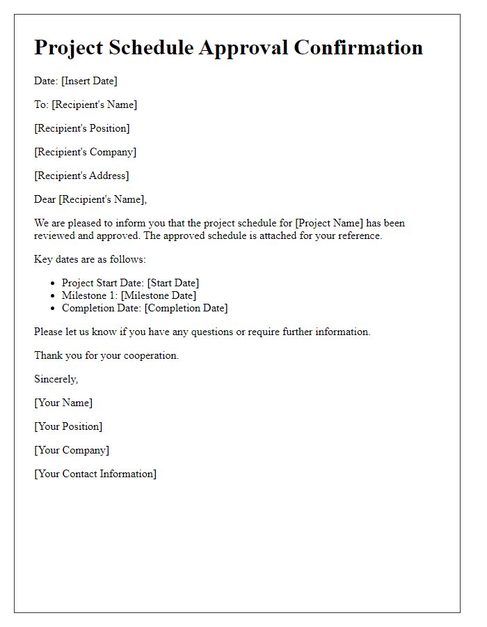 Letter template of project schedule approval confirmation