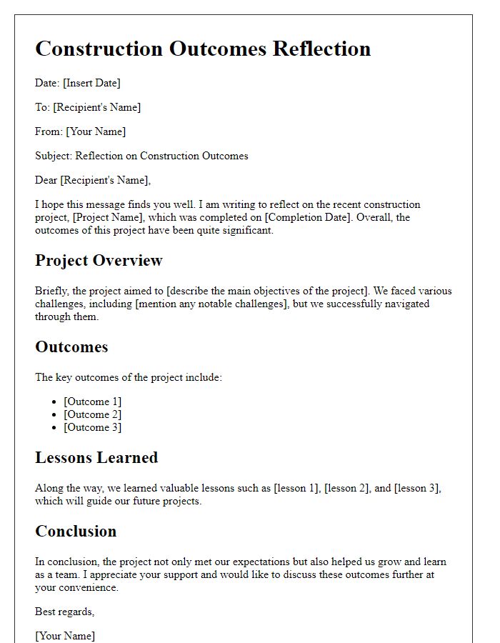 Letter template of construction outcomes reflection