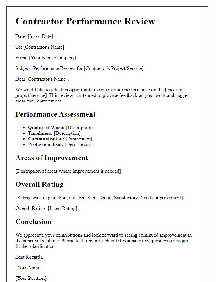 Letter template of contractor performance review