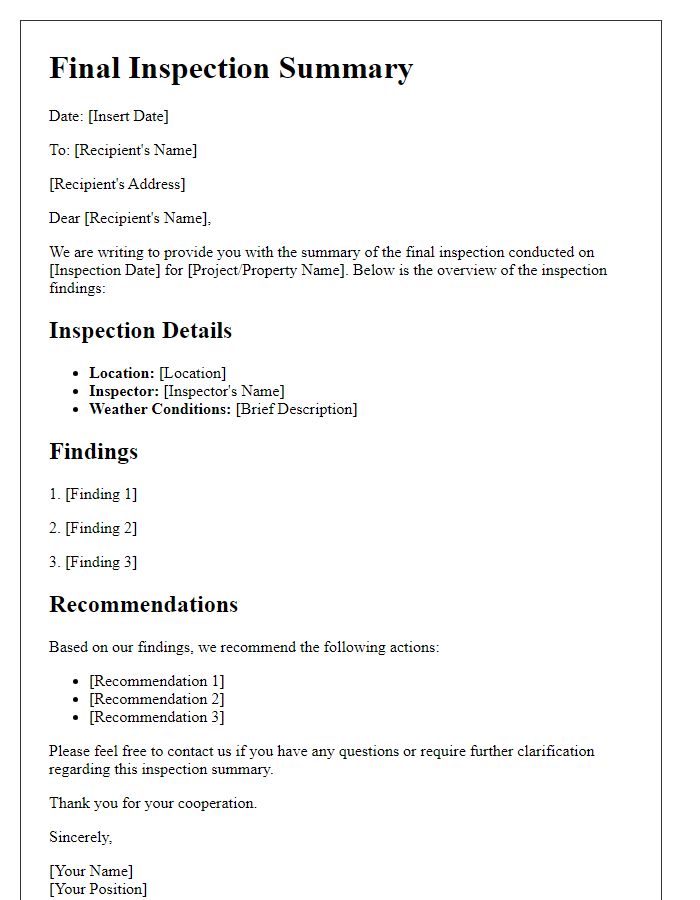 Letter template of final inspection summary