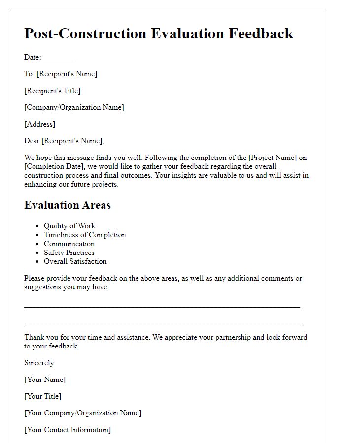 Letter template of post-construction evaluation feedback