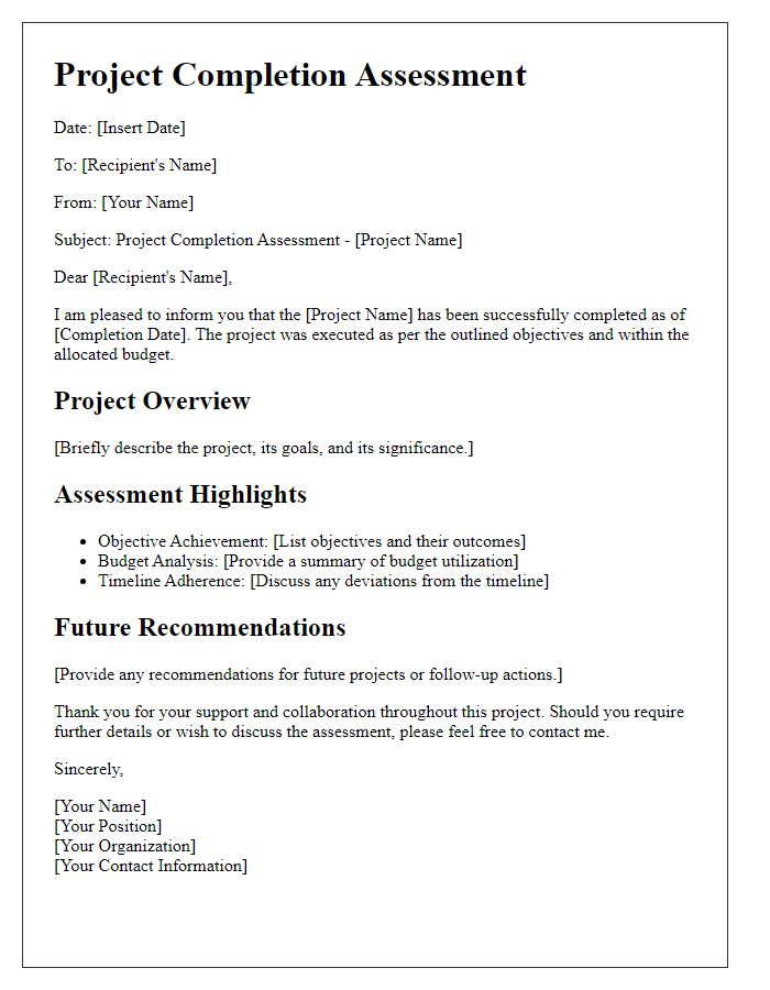 Letter template of project completion assessment