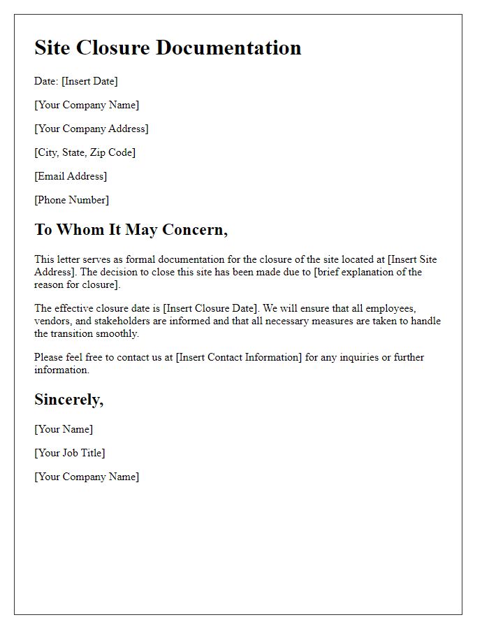 Letter template of site closure documentation