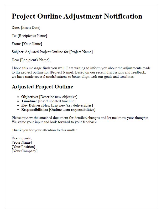 Letter template of adjusted project outline communication