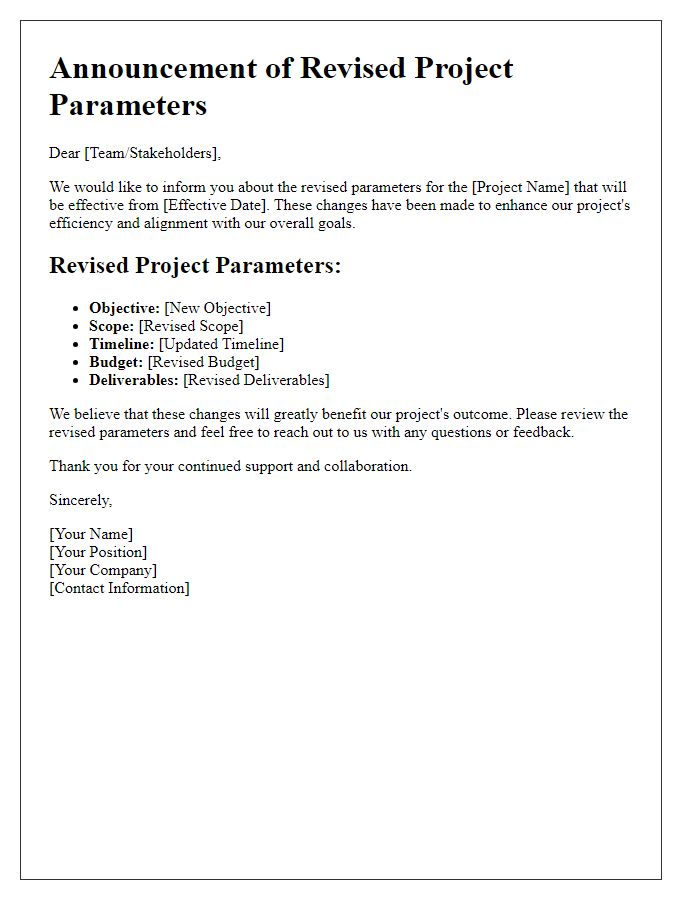 Letter template of revised project parameters announcement