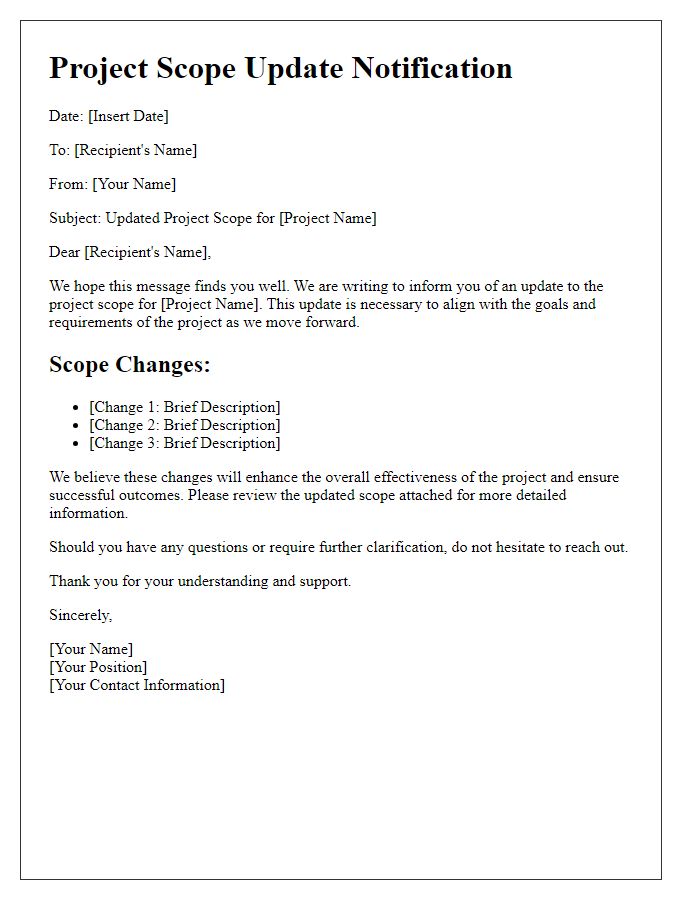 Letter template of updated project scope notification