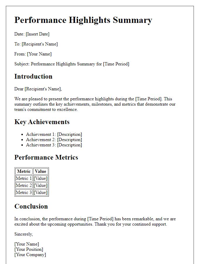 Letter template of performance highlights summary