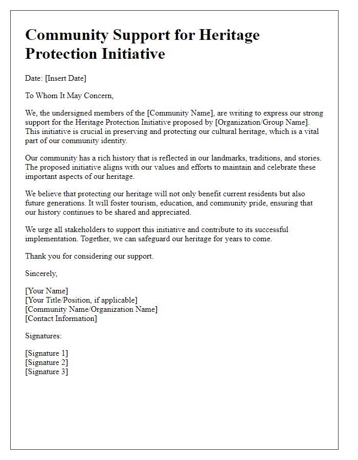 Letter template of community support for heritage protection initiative