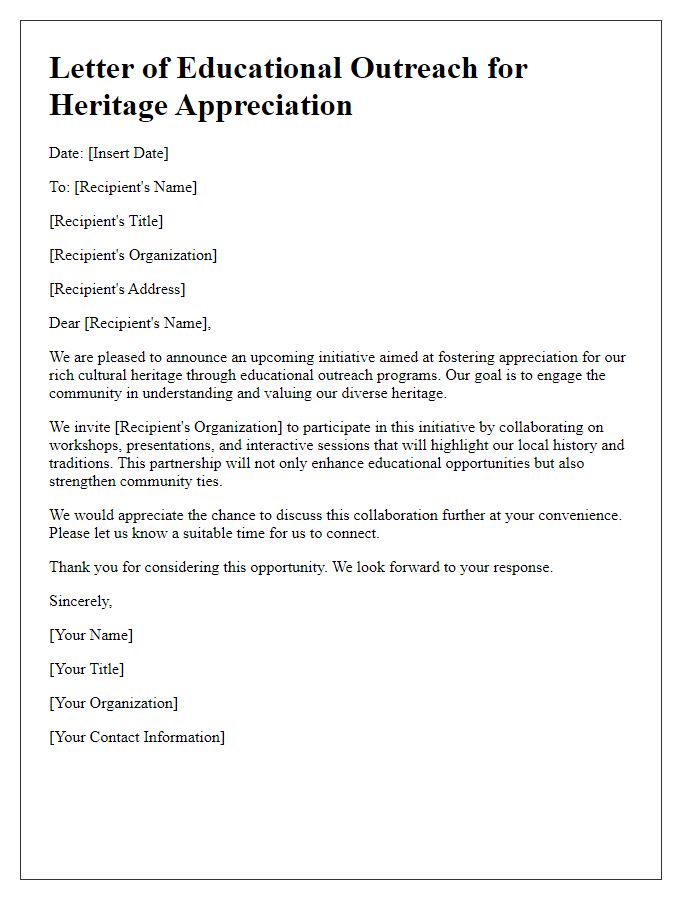 Letter template of educational outreach for heritage appreciation