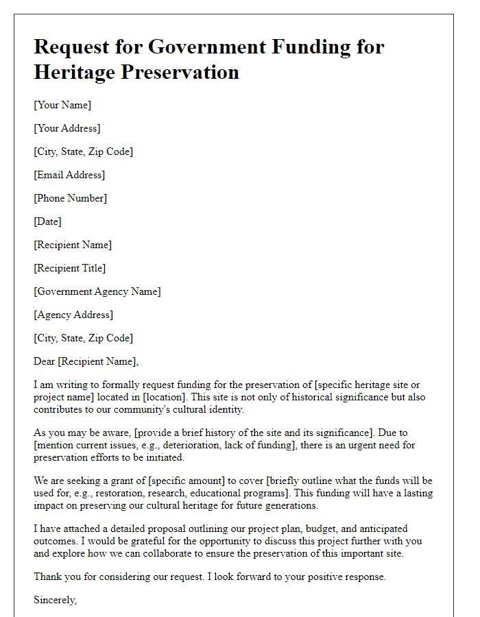 Letter template of government funding request for heritage preservation